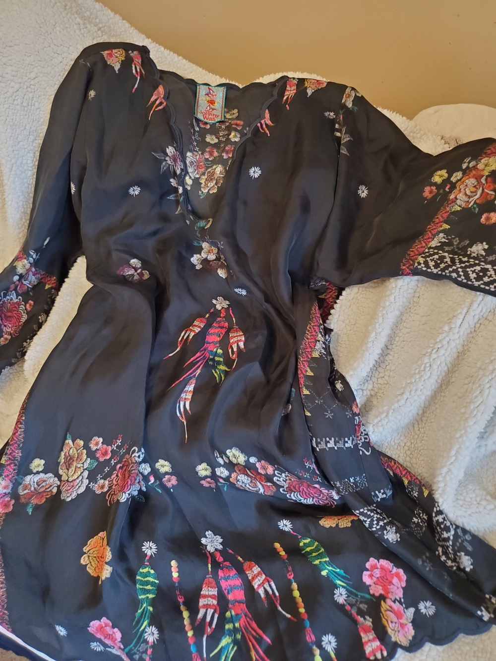 Johnny Was Black Silk Long-Sleeve Floral & Feather Dress
